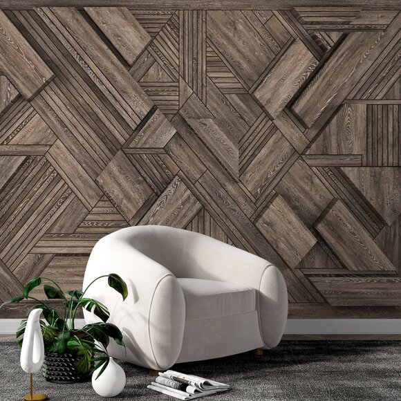 Geometric Dark Wood Panel Wallpaper | Modern Wood Wall Art | Designer Wallpaper - Picture 1 of 9